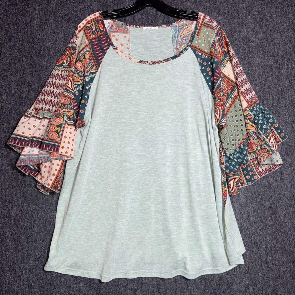 Chic Soul Women's Boho Top Sage Green Paisley Patchwork Ruffle Sleeve Plus 3XL